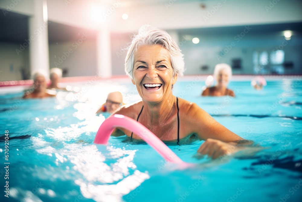 Active Senior Woman Exercising in Indoor Pool Active Senior Woman Exercising in Indoor Pool