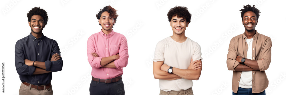 Set of Portrait of young business man happy smiling and standing posing arms crossed, isolated on white background, png - obrazy, fototapety, plakaty 