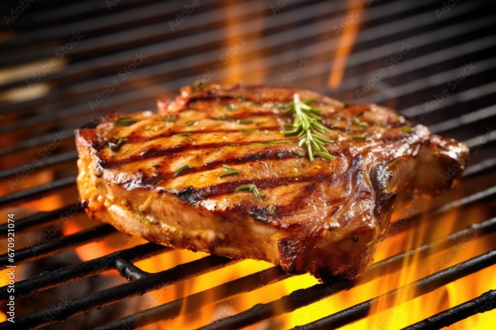 charred honey mustard pork chop on barbecue grill charred honey mustard pork chop on barbecue grill