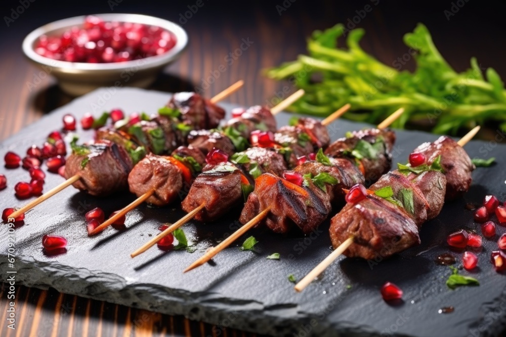 presentation of lamb kebabs and pomegranate seeds on a slate board