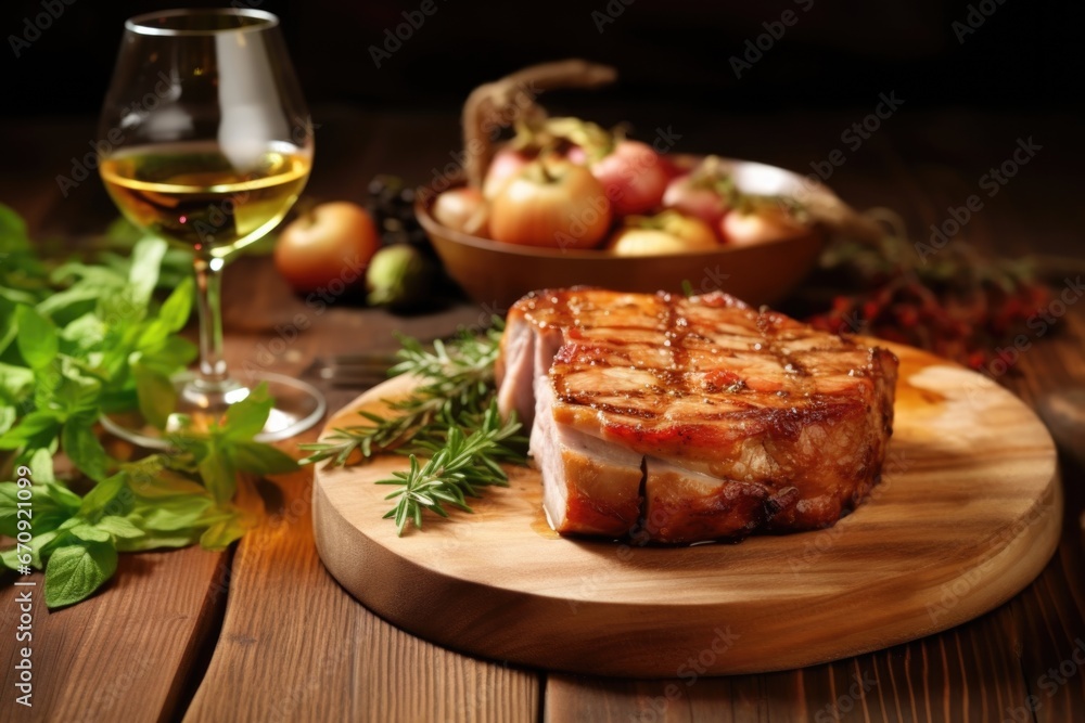 rustic wooden table setting with honey-glazed pork chop