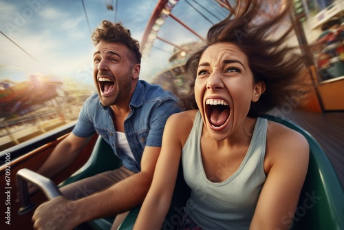 Excited Couple Enjoying Thrilling Roller Coaster Ride at Sunset
