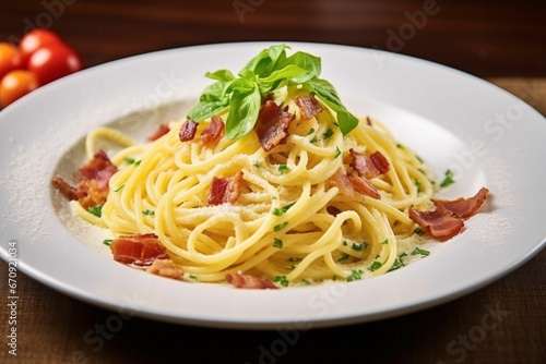 An AI illustration of a plate of spaghetti, topped with bacon and herbs, in a white bowl