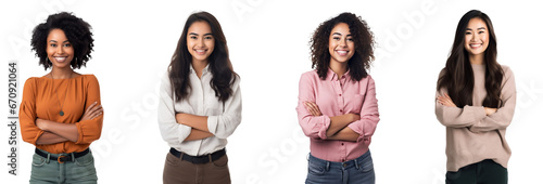 Set of Portrait of young business woman happy smiling and standing posing arms crossed, isolated on white background, png