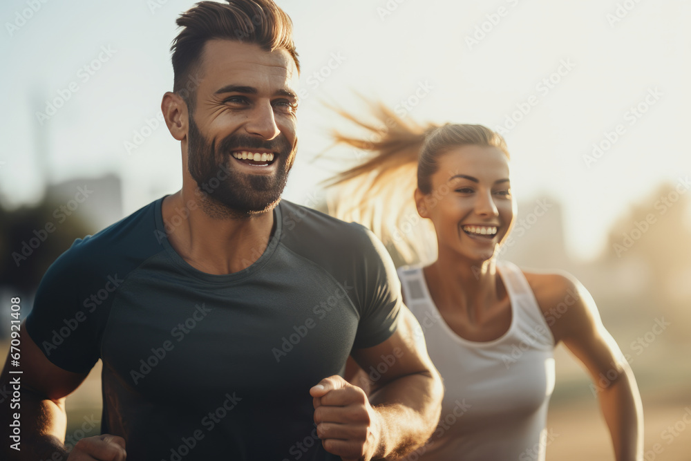 Fototapeta premium Couple doing sport together outdoor, running together. Morning run. Healthy lifestyle. Sport concept