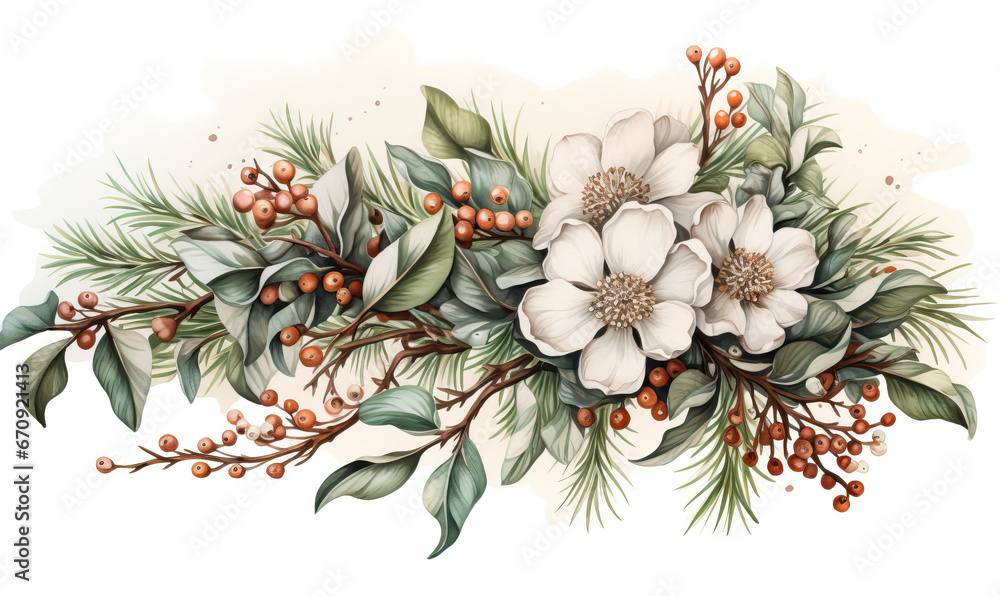 Obraz premium Christmas bouquet on a white background in vintage style.
