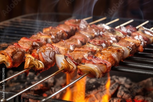 skewers on a marinated grill with wooden handle