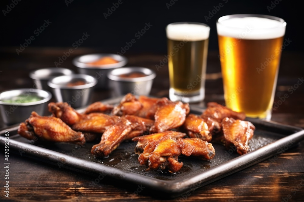 glazed spicy wings, craft beer on metal bar surface