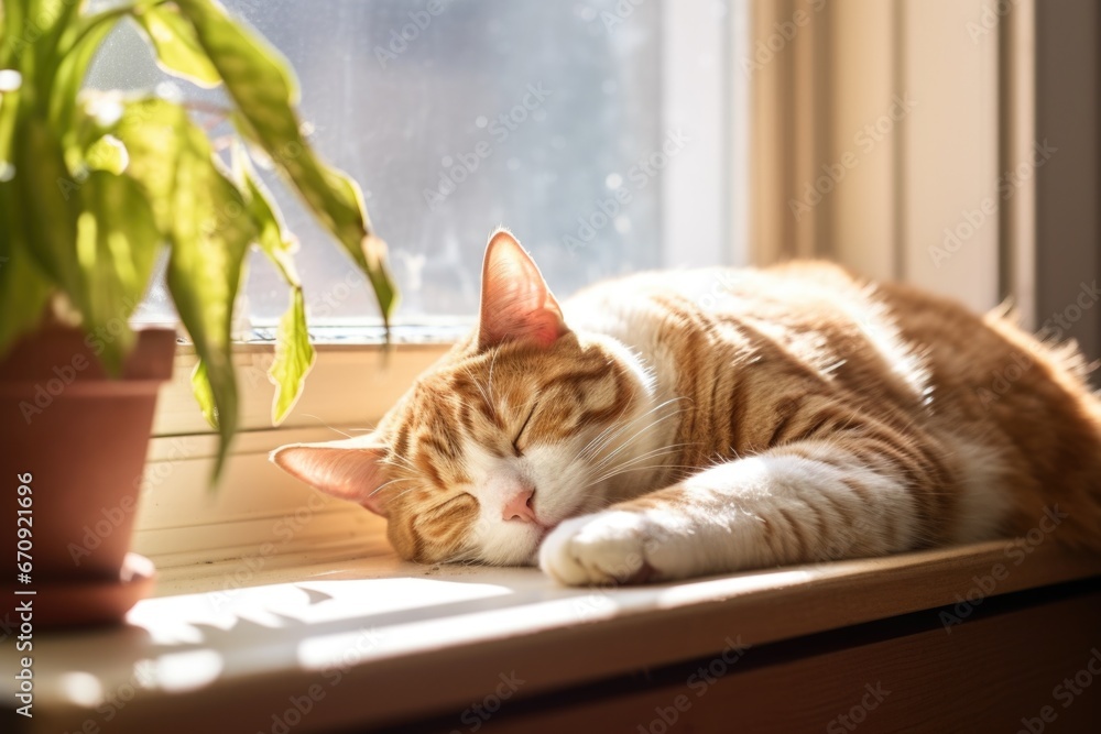 cat curled up and sleeping on a sunny windowsill