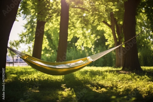 a hammock hanging between trees in the sunlight