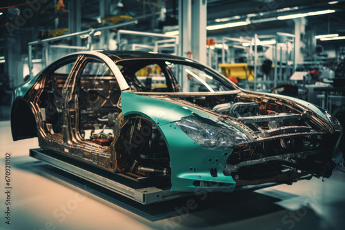 Car production line. Assembling a car on a conveyor belt. Close-up of a car body. Automotive industry Interior of a high-tech factory, modern production.