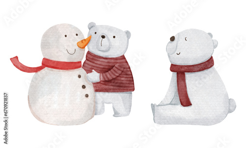 Polar bear with christmas costume . Watercolor paint cartoon characters . Isolated . Set 6 of 8 . Vector .