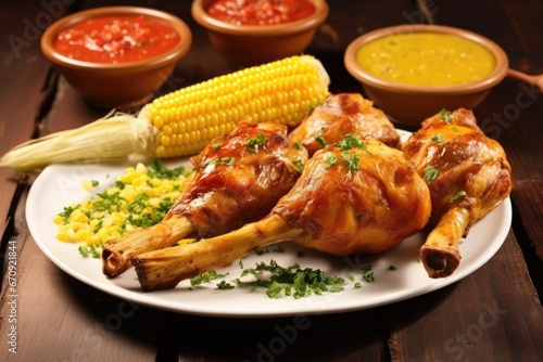 drumsticks with corn cobs and criollo sauce