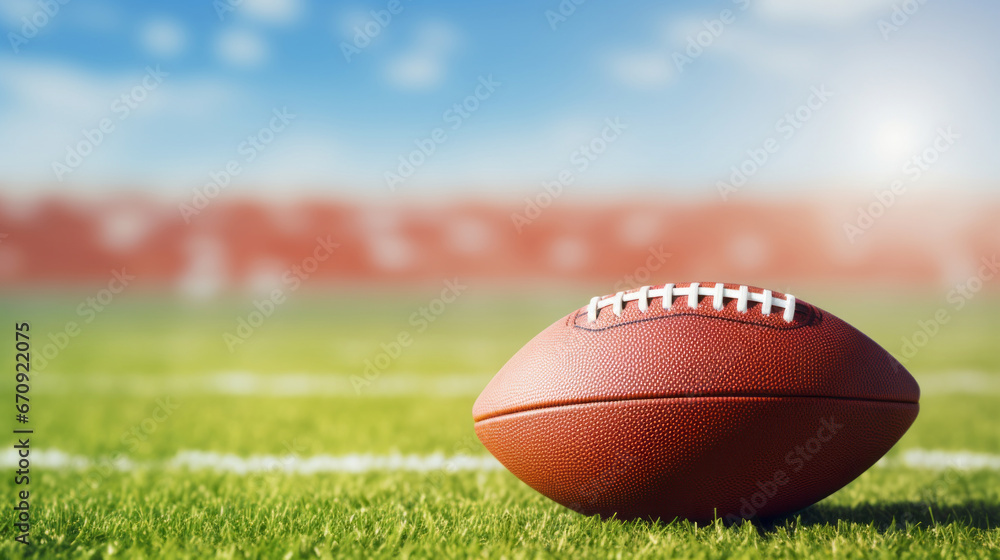 American football ball. Background with selective focus. On field American football ball. Background with selective focus. On field