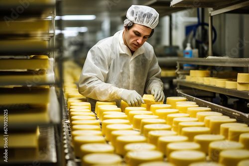 Photo of a worker in a cheese factory surrounded by blocks of cheese. Industrial cheese production plant. Modern technologies. Production of different types of cheese at the factory.