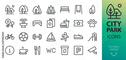 City park isolated icon set. Set of trees, bench, fountain, bridge, swing, jogging, bike path vector icon with editable stroke