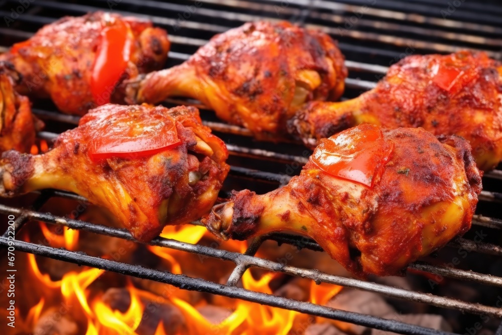 Naklejka premium close-up of jerk marinated drumsticks on a grill