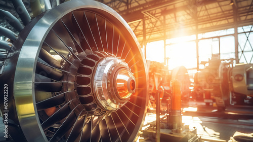 Close up view of plane turbine indoors in hangar with beautiful sunlight