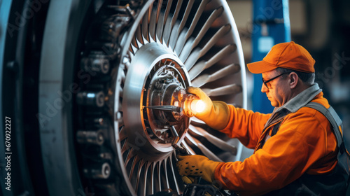 An aircraft technician is repairing a plane turbine