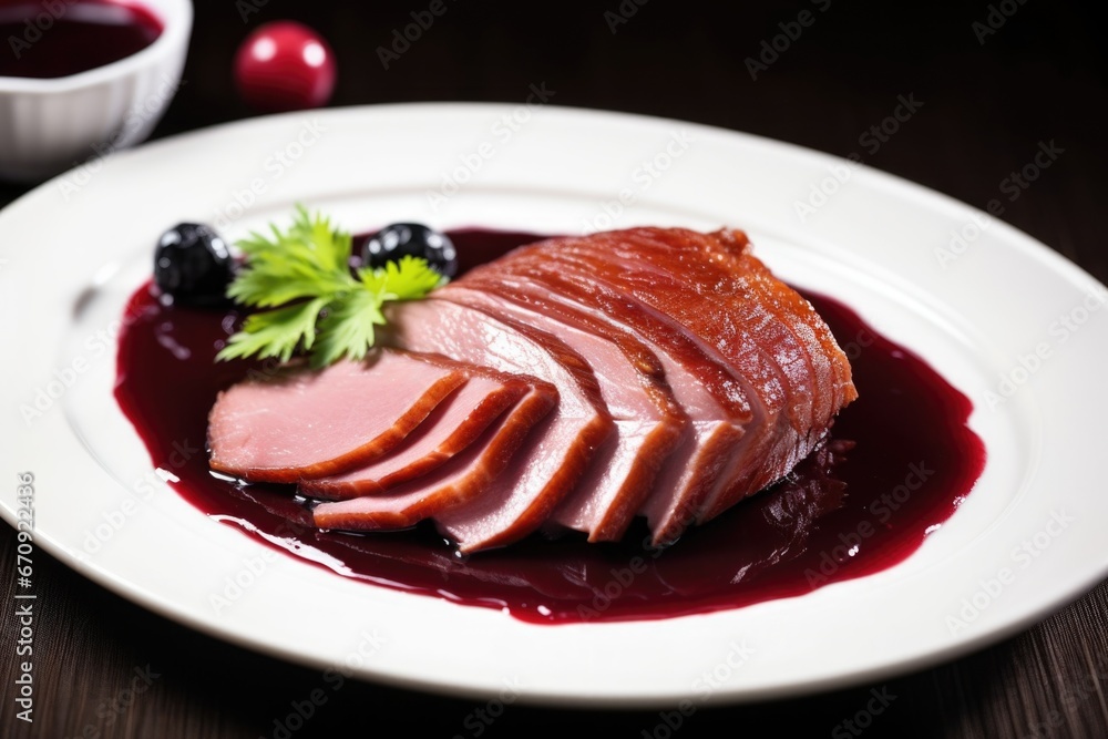 close-up shot of smoked duck with plum sauce