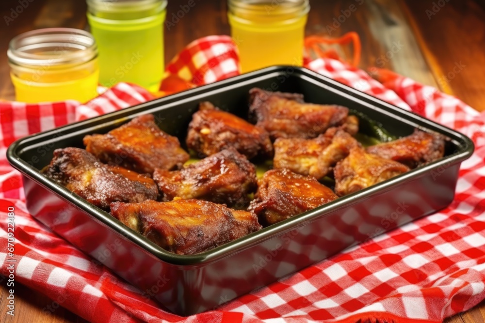sticky ribs and a napkin with grease spots on a colorful tray sticky ribs and a napkin with grease spots on a colorful tray