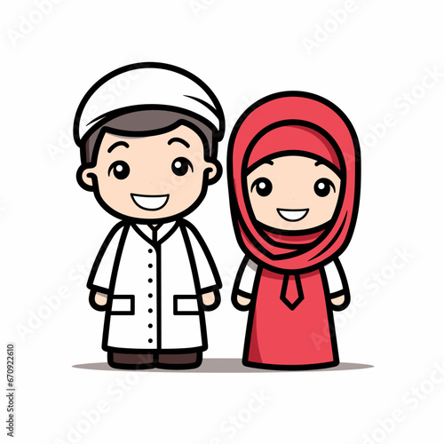 Muslim couple hand-drawn comic illustration. Muslim couple. Vector doodle style cartoon illustration
