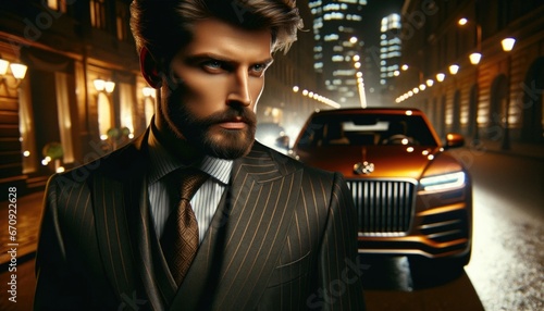 Sharp Dressed Man with Luxury Car Amidst City Lights photo