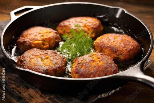 side view of smoked catfish patties on skillet
