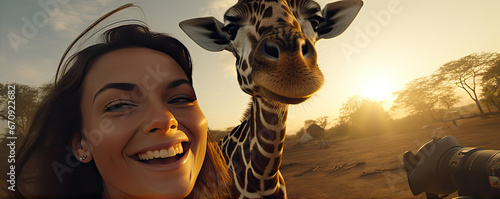 Smiling woman with girafe taking selfie. cartoon style. © Alena