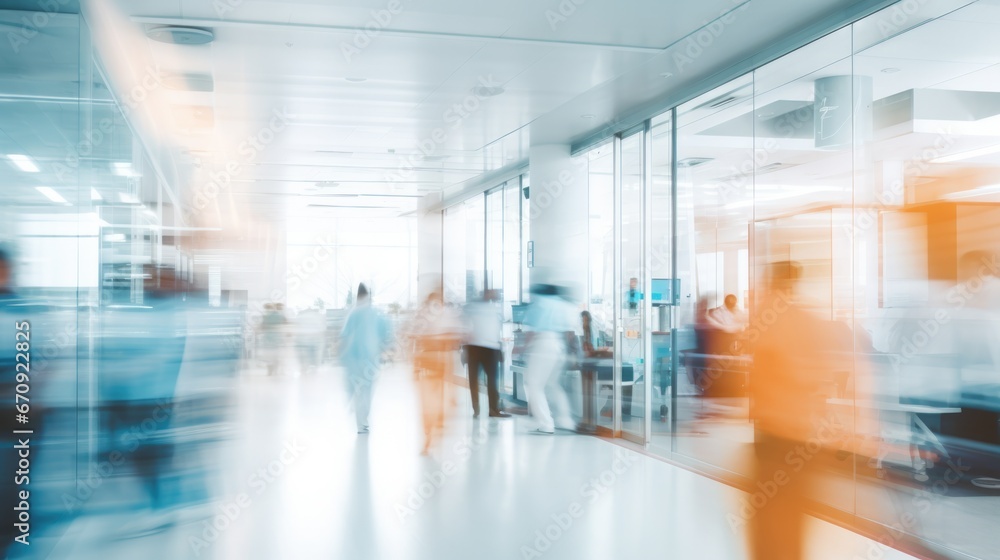 Interior of doctor and patient people in hospital corridor for background, Health care and medical technology concept. Motion blur effect. Interior of doctor and patient people in hospital corridor for background, Health care and medical technology concept. Motion blur effect.