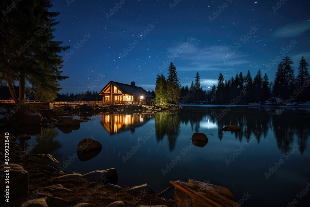 Fototapeta premium starry night time exposure of serene lake and cabin