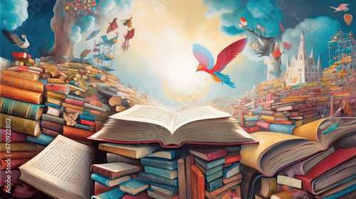 Open book in landscape with happy birds as literature concept photo