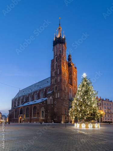 St Mary's church on Main Square in winter Krakow, illuminated in the night..