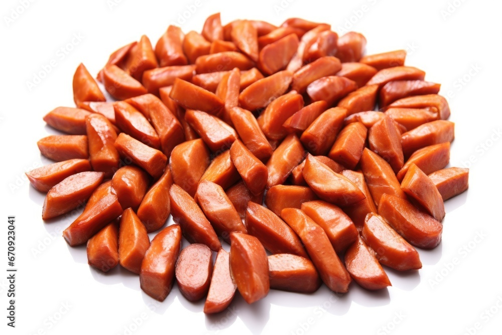 diagonally arranged smoked sausages on white surface