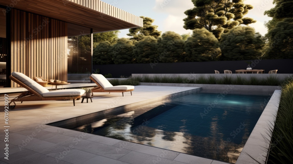 Obraz premium Backyard of a modern residence with a swimming pool made of tiles.