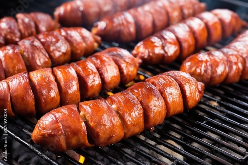 smoked sausages draped over a grill