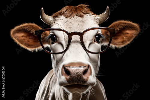 Cow portrait that is wearing glasses against background