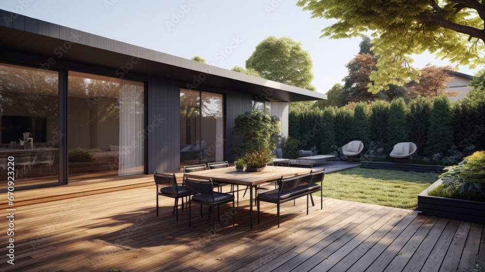 Backyard of a modern home extension includes the of a Backyard, deck, patio area.