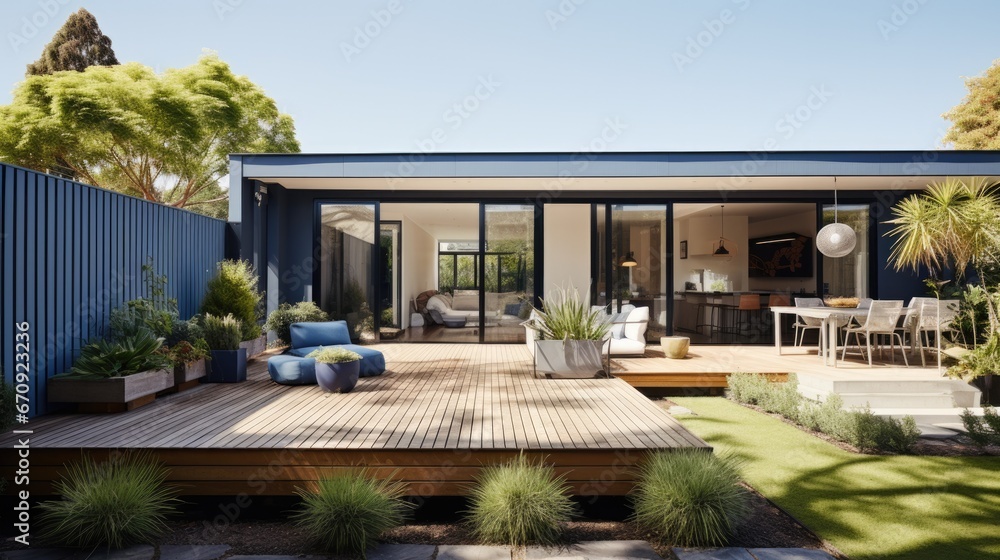 Fototapeta premium Backyard of a modern home extension includes the of a Backyard, deck, patio area.