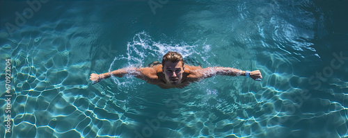 Swimmer man in water top view. Man swimming in pool aerial view. © Alena
