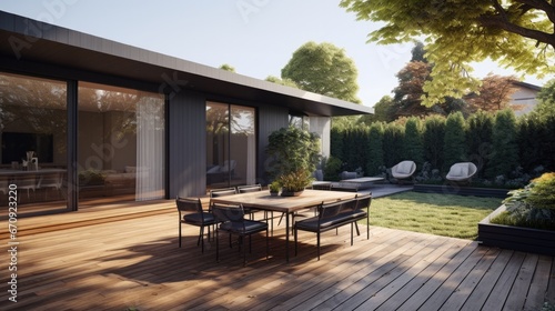 Backyard of a modern home extension includes the of a Backyard  deck  patio area.