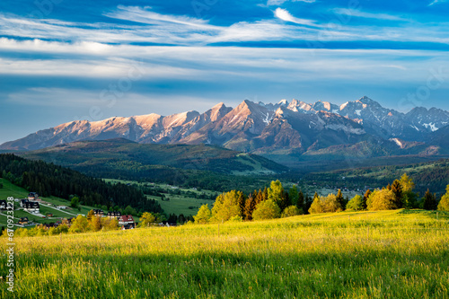 Spring panorama over Spisz highland to Tatra mountains in the morning, Poland and Slovakia.