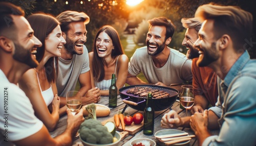 Joyful Friends Enjoying Summer Barbecue in Sunlit Garden