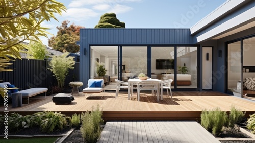 Backyard of a modern home extension includes the of a Backyard, deck, patio area.