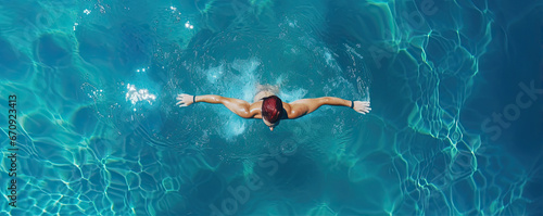 Swimmer man in water top view. Man swimming in pool aerial view.