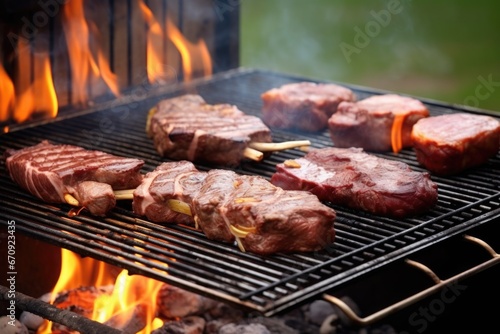 meats grilling on outdoor barbecue with visible smoke