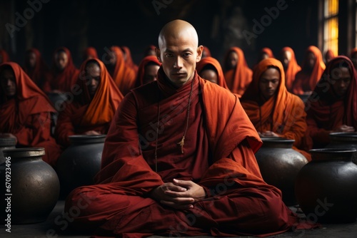 Group of monks in deep meditation at a monastery, Generative AI