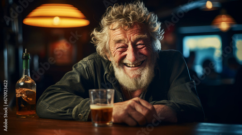 Old man is sitting and laughing in a pub
