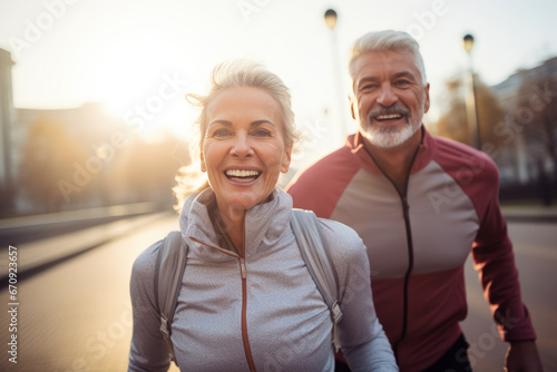 aged couple doing sport together outdoor, running together. Morning run. Healthy lifestyle.