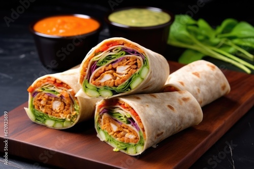 smoky bbq veggie wraps arranged on a slate with dipping sauce